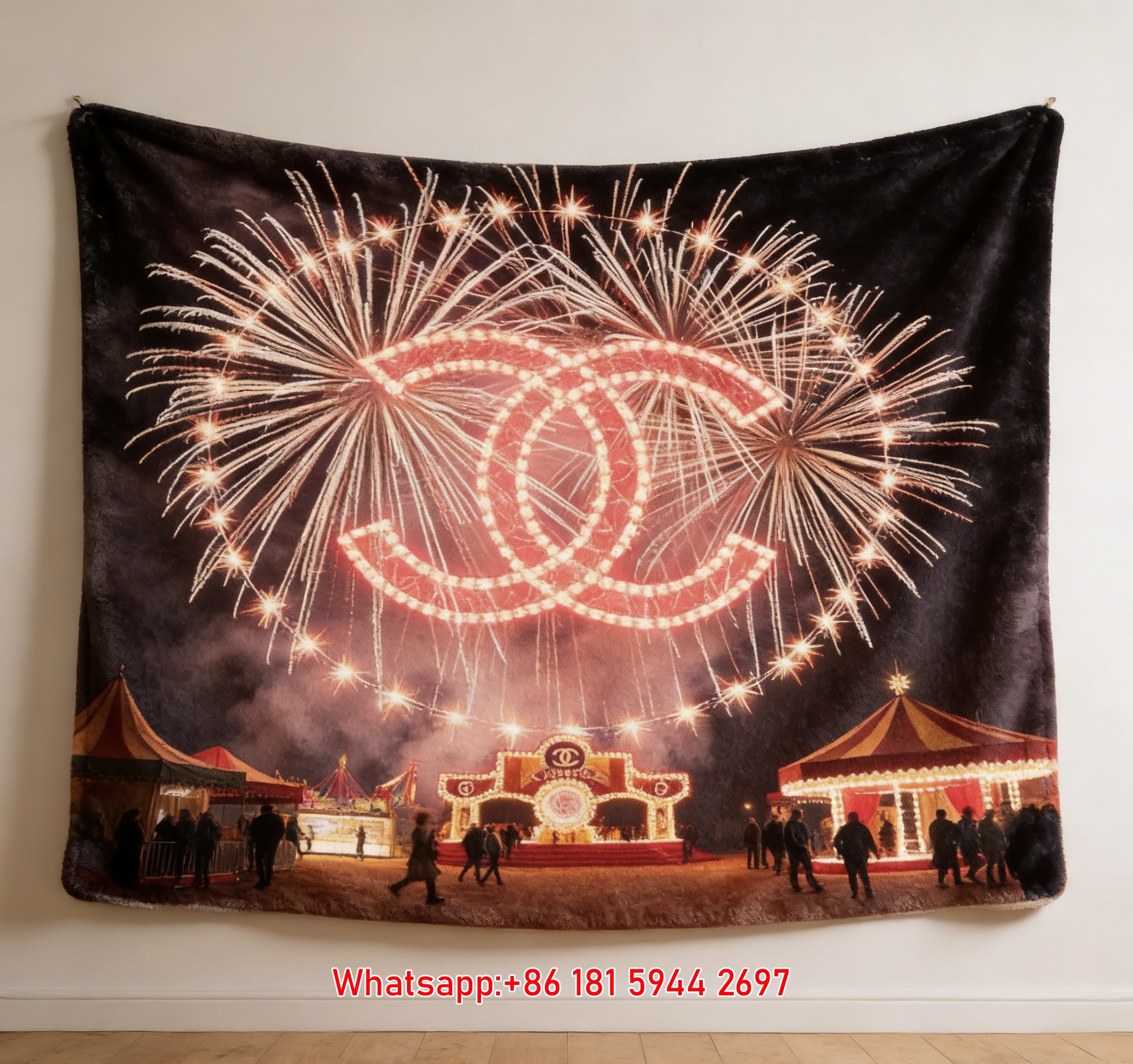 Luxury Chanel CC Logo Fireworks Flannel Throw Blanket  Carnival Night Print IMG_7201